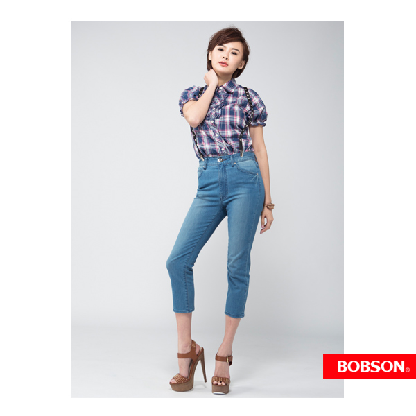 BOBSON 女款前襟荷葉短袖襯衫(藍紫53)