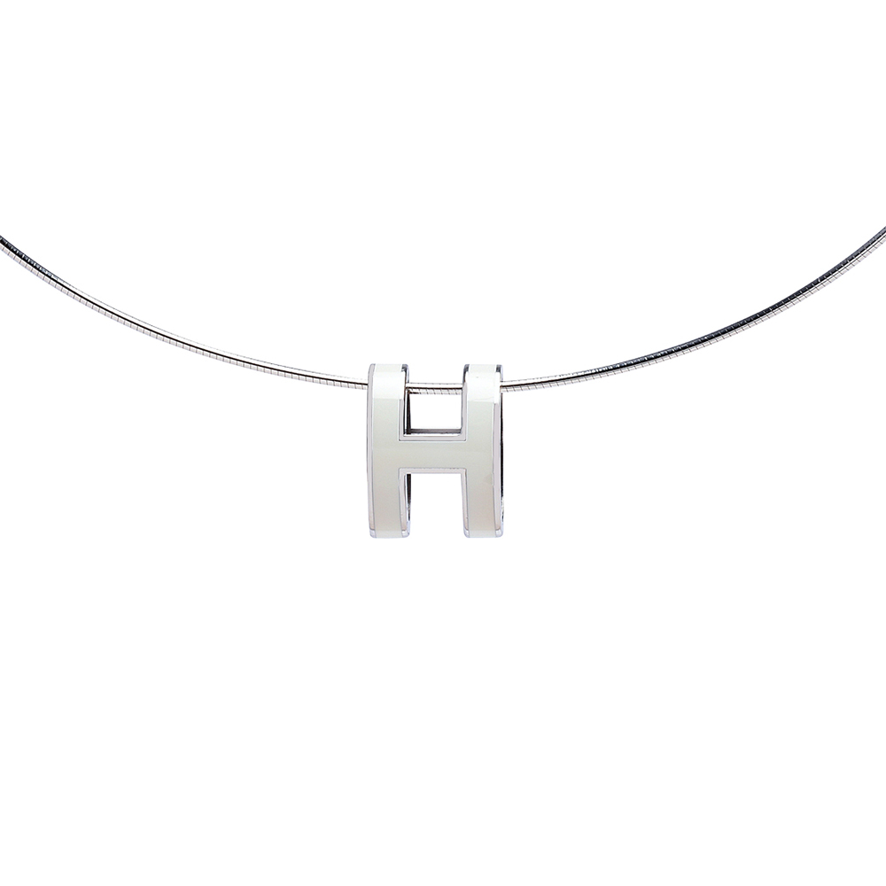 HERMES 經典立體H LOGO簍空橢圓項鍊 (銀X白)