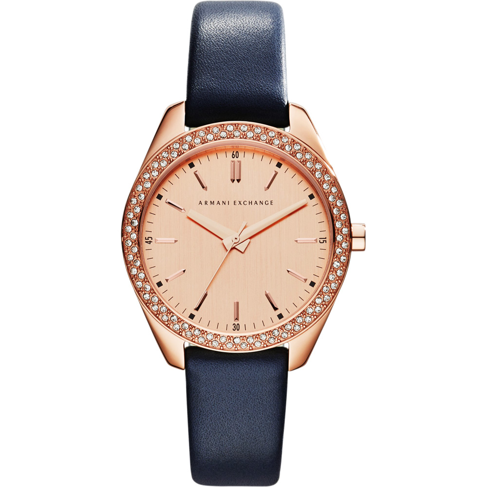 A│X Armani Exchange 名流晶鑽時尚腕錶-玫瑰金x藍色錶帶/36mm
