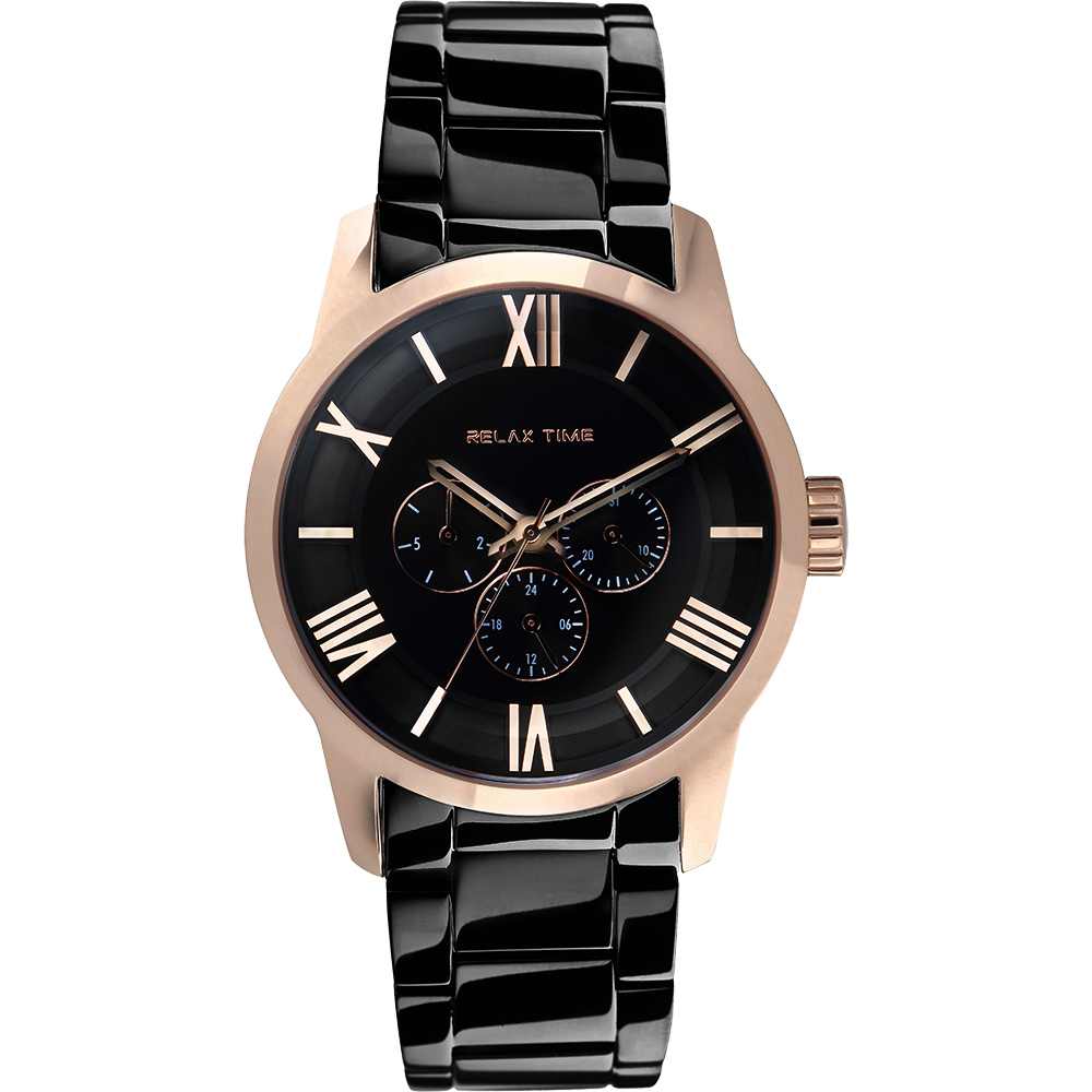 RELAX TIME RT65 羅馬情人日曆腕錶-玫瑰金框x黑/45mm
