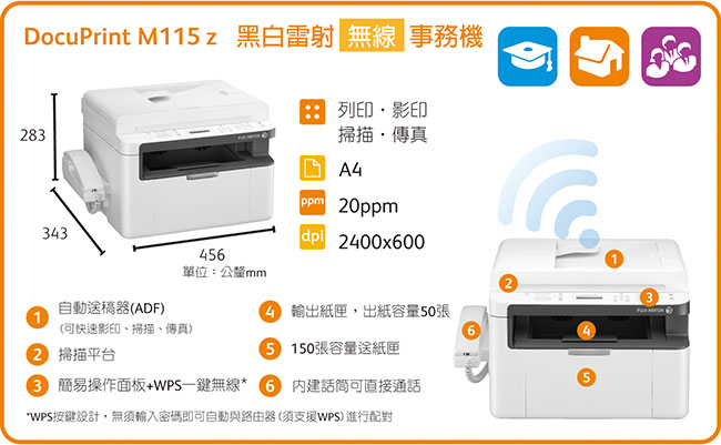 FujiXerox M115z四合一黑白雷射無線傳真複合機+CT202137碳粉(超值組合