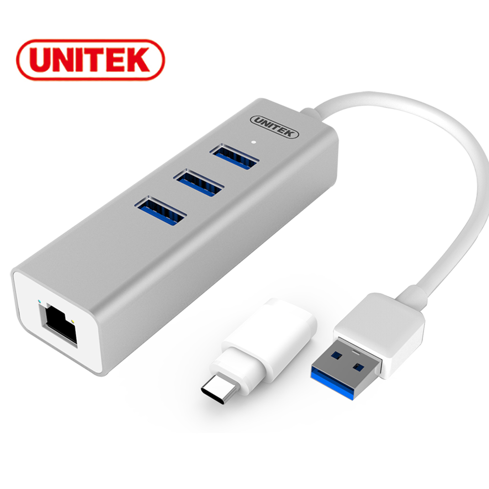 UNITEK Type-C+A 3埠USB3.1 Gen1 HUB有線網卡