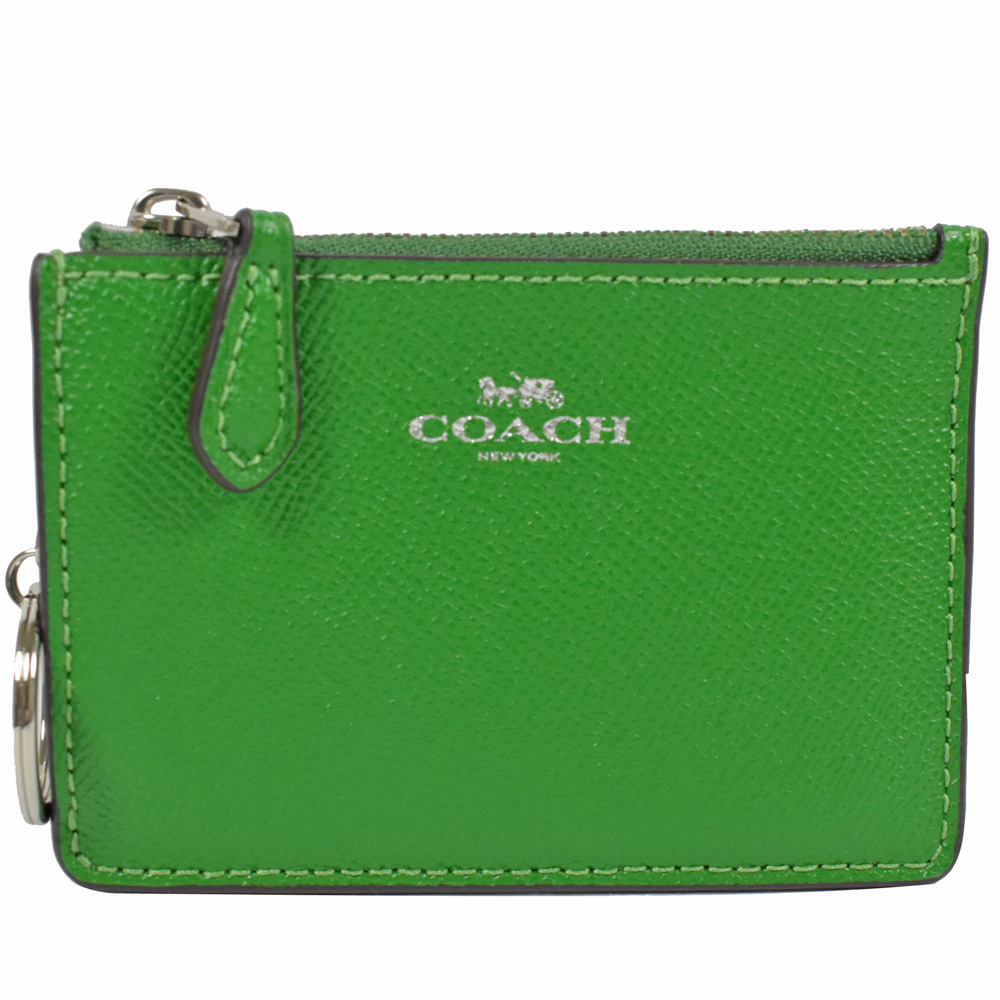 COACH 燙印logo防刮牛皮材質方型鑰匙零錢包(竹子綠)