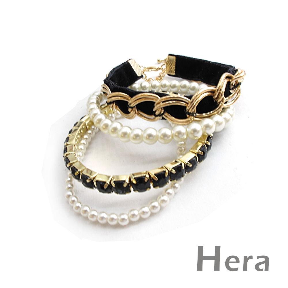 Hera 赫拉 多元素珍珠黑鑽金屬皮繩四件組手鍊