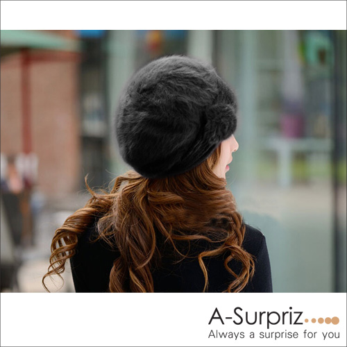 A-Surpriz 玫瑰針織兔毛貝蕾帽(黑)