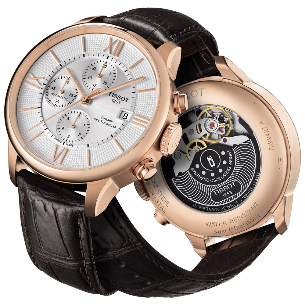 TISSOT 天梭 官方授權 杜魯爾系列機械計時腕錶-玫瑰金框x咖啡/44mm T0994273603800
