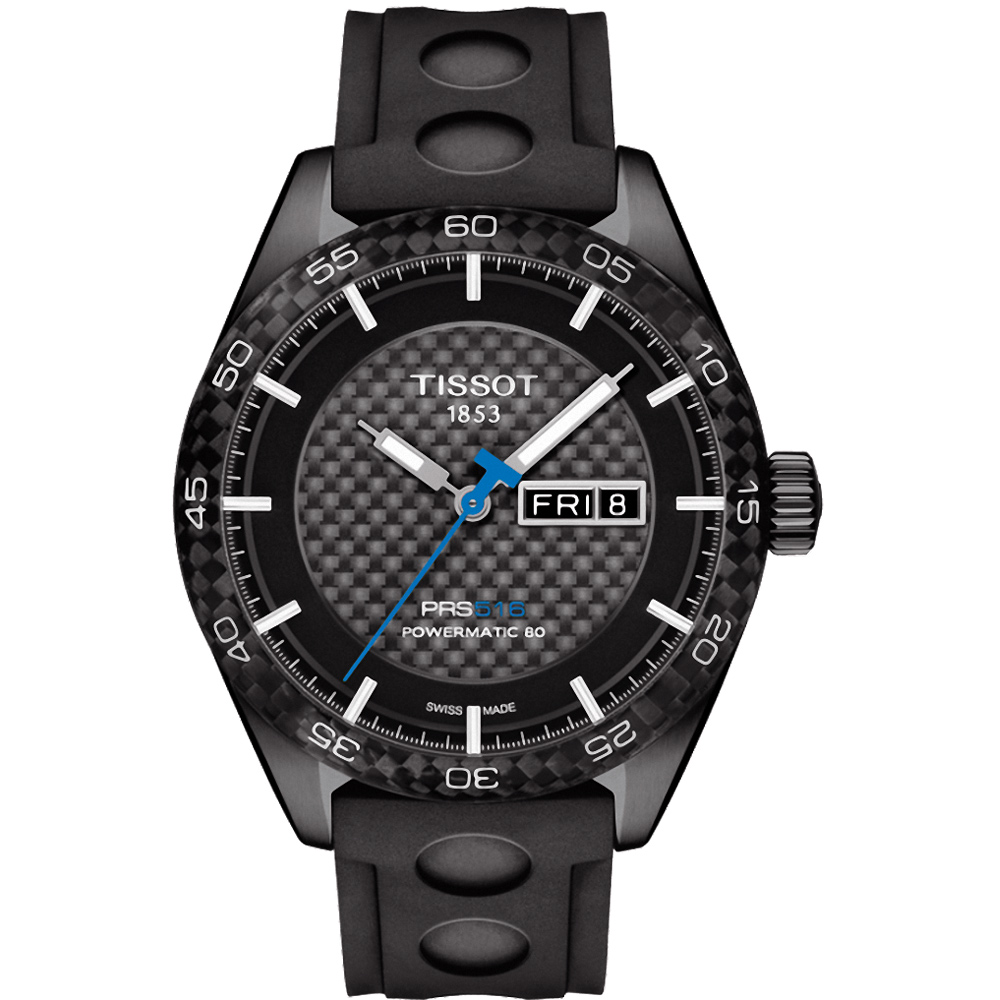 TISSOT PRS516 碳纖維紋 專業機械腕錶-黑x橡膠錶帶/42mm