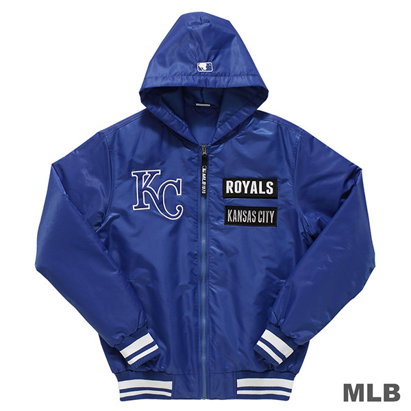 MLB-堪薩斯皇家隊鋪棉風衣連帽合身棒球外套-藍 (男)