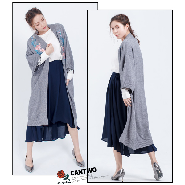 CANTWO日式和服刺繡長版罩衫(共二色)