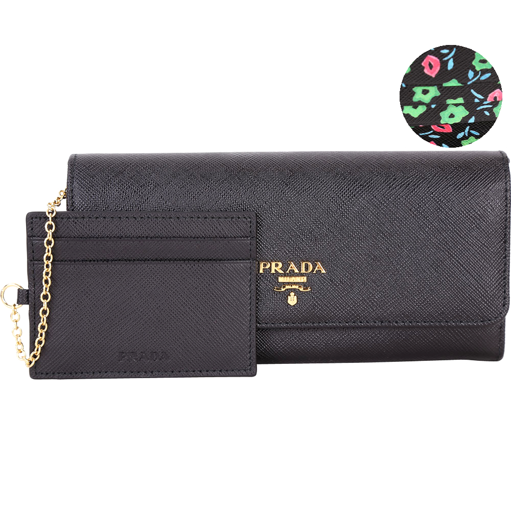 PRADA Saffiano Floral 防刮牛皮內印花釦式長夾(黑色/附可拆式證夾)