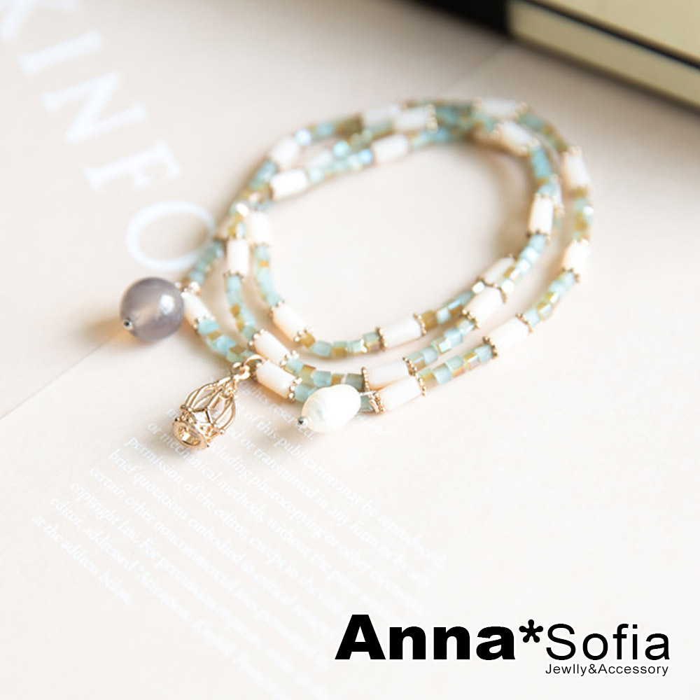AnnaSofia 巴洛克珍珠綠晶貝珠 兩用彈性層次手環項鍊