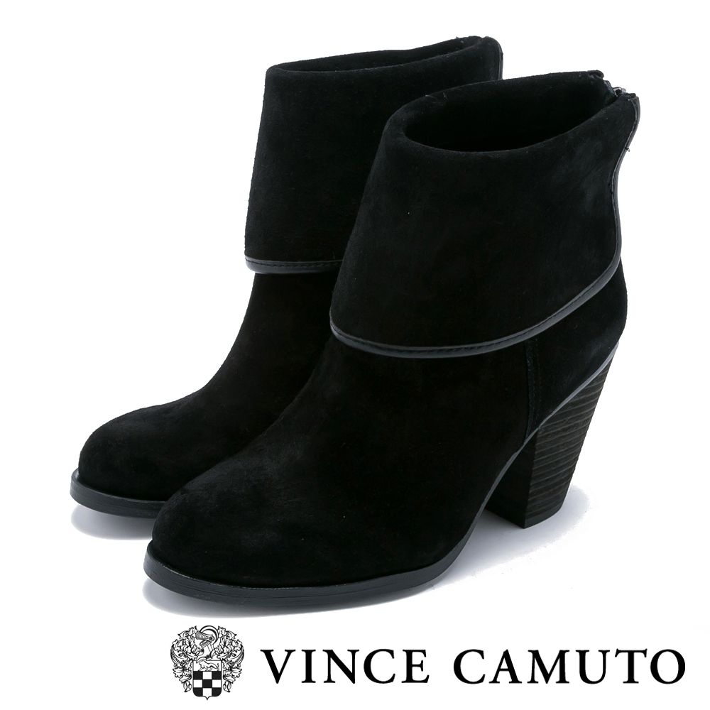 VINCE CAMUTO 簡約知性 翻折造型後拉鍊粗跟短靴-絨黑