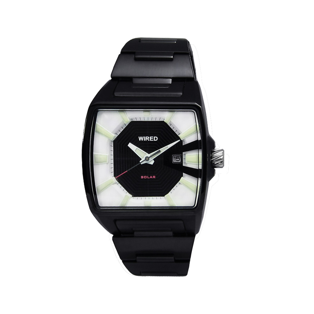 WIRED 層次美感太陽能超夜光箱型黑鋼錶(AUA013X)-黑x白 /38mm