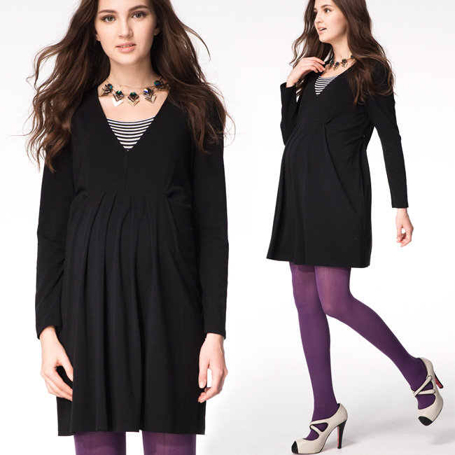 Gennies專櫃-Feravani系列-高腰抓皺綁帶孕婦洋裝(C1603)-黑