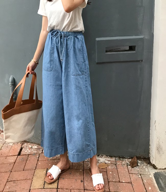 La Belleza 斜口袋腰鬆緊抽繩綁帶牛仔闊腿褲