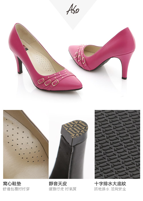A.S.O 減壓美型 全真皮多條帶金屬高跟鞋 桃粉紅