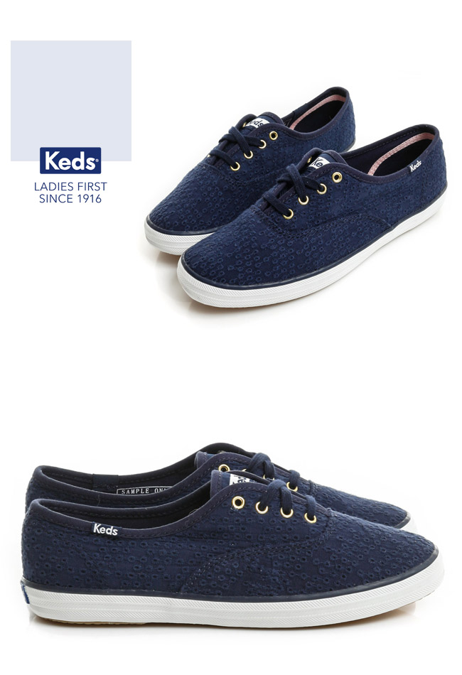 Keds CHAMPION 繡花綁帶休閒鞋-海軍藍