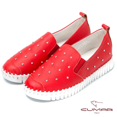 CUMAR樂活時尚 水鑽點綴平底休閒鞋-紅色