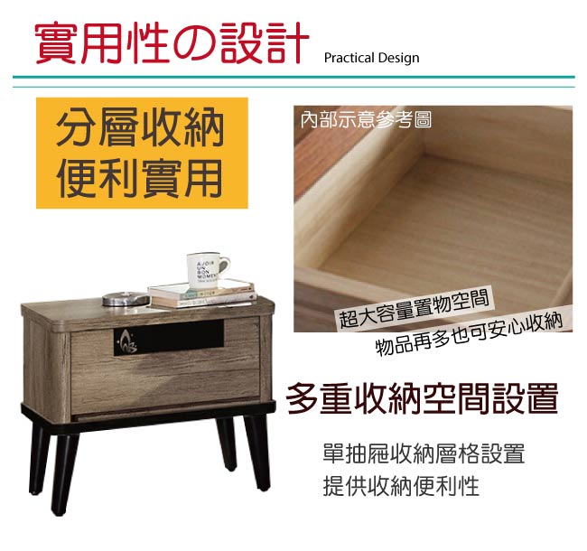 品家居 波米斯1.8尺胡桃木紋單抽床頭櫃-53x41x51cm免組