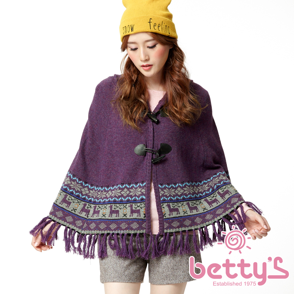 betty’s貝蒂思　流蘇牛角釦連帽混羊毛披風(紫色)