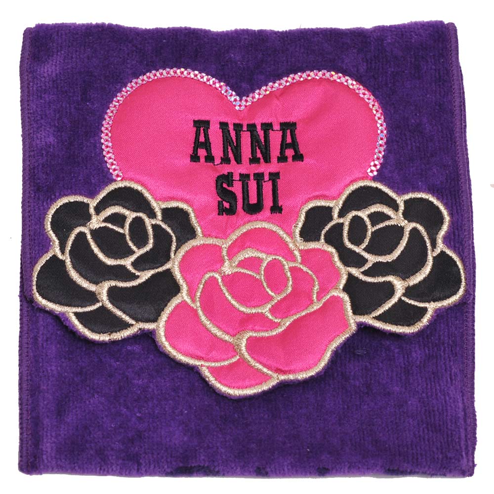 ANNA SUI 優美玫瑰愛心字母刺繡圖騰機能方巾袋(紫)