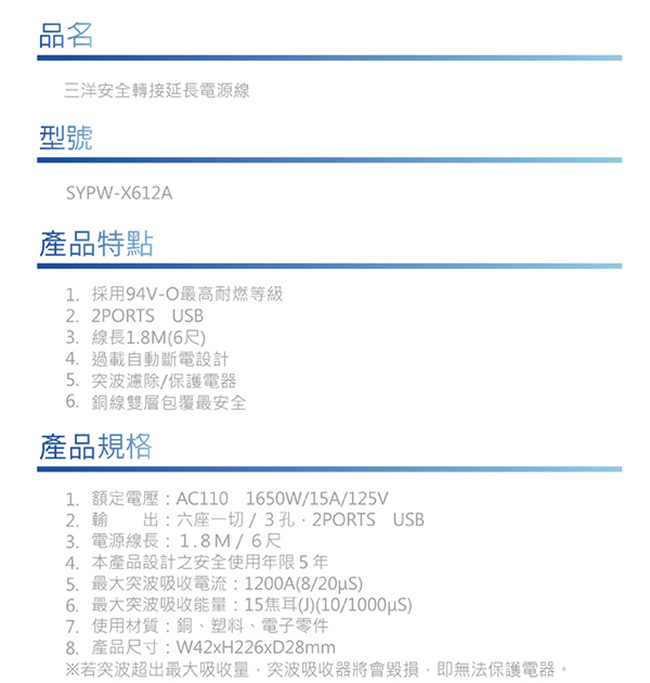 台灣三洋USB轉接三孔延長電源線(SYPW-612A)