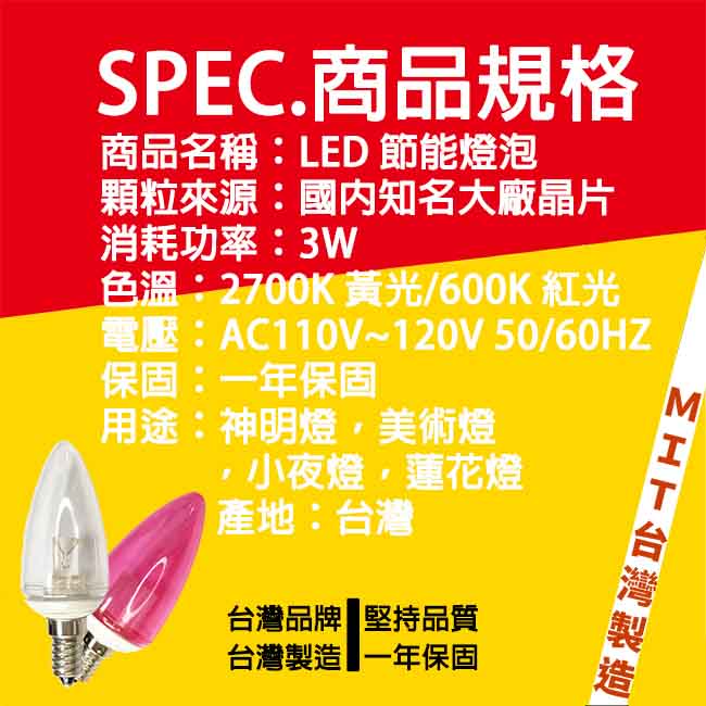 日毓光電 新大國民系列 3W E14 紅光/黃光 LED 水晶 / 蠟燭燈 4入