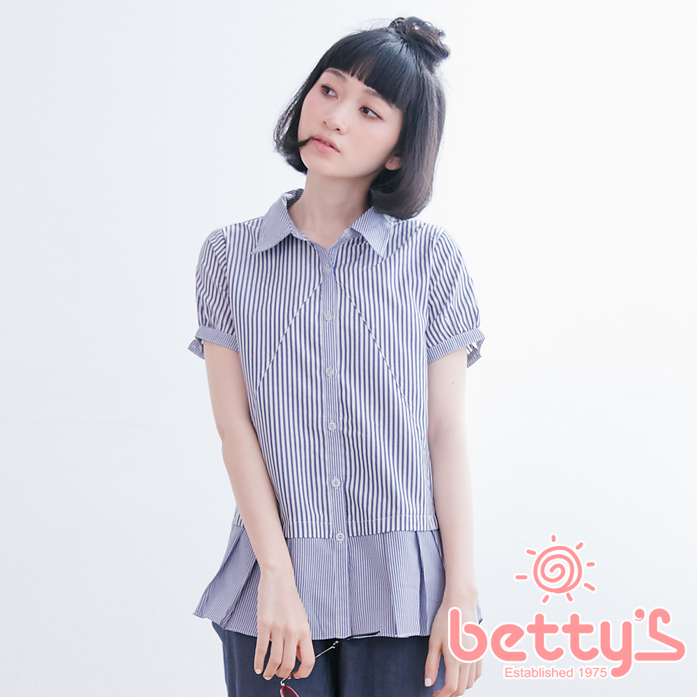 betty’s貝蒂思　直條紋壓摺下擺短袖襯衫(深藍色)