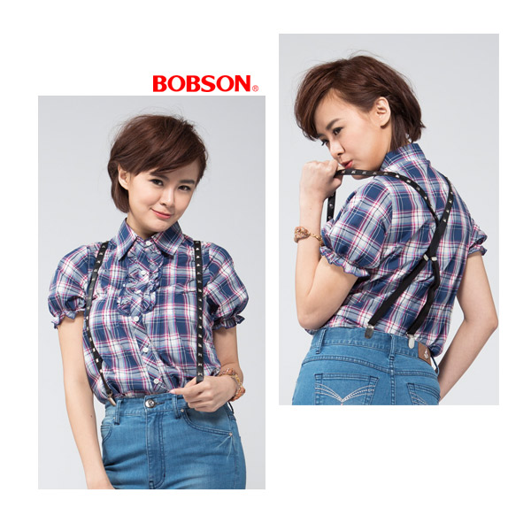 BOBSON 女款前襟荷葉短袖襯衫(藍紫53)