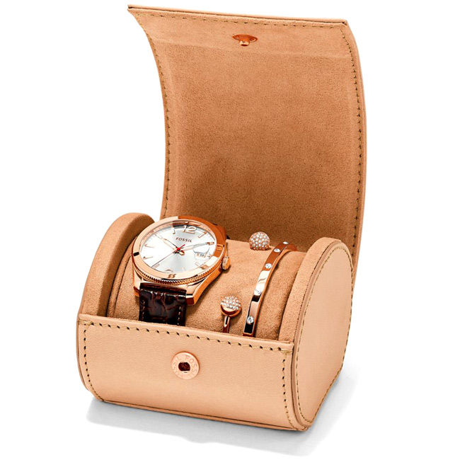 FOSSIL完美情人真皮手錶手環禮盒套組(ES3770SET)-銀X玫瑰金/39mm