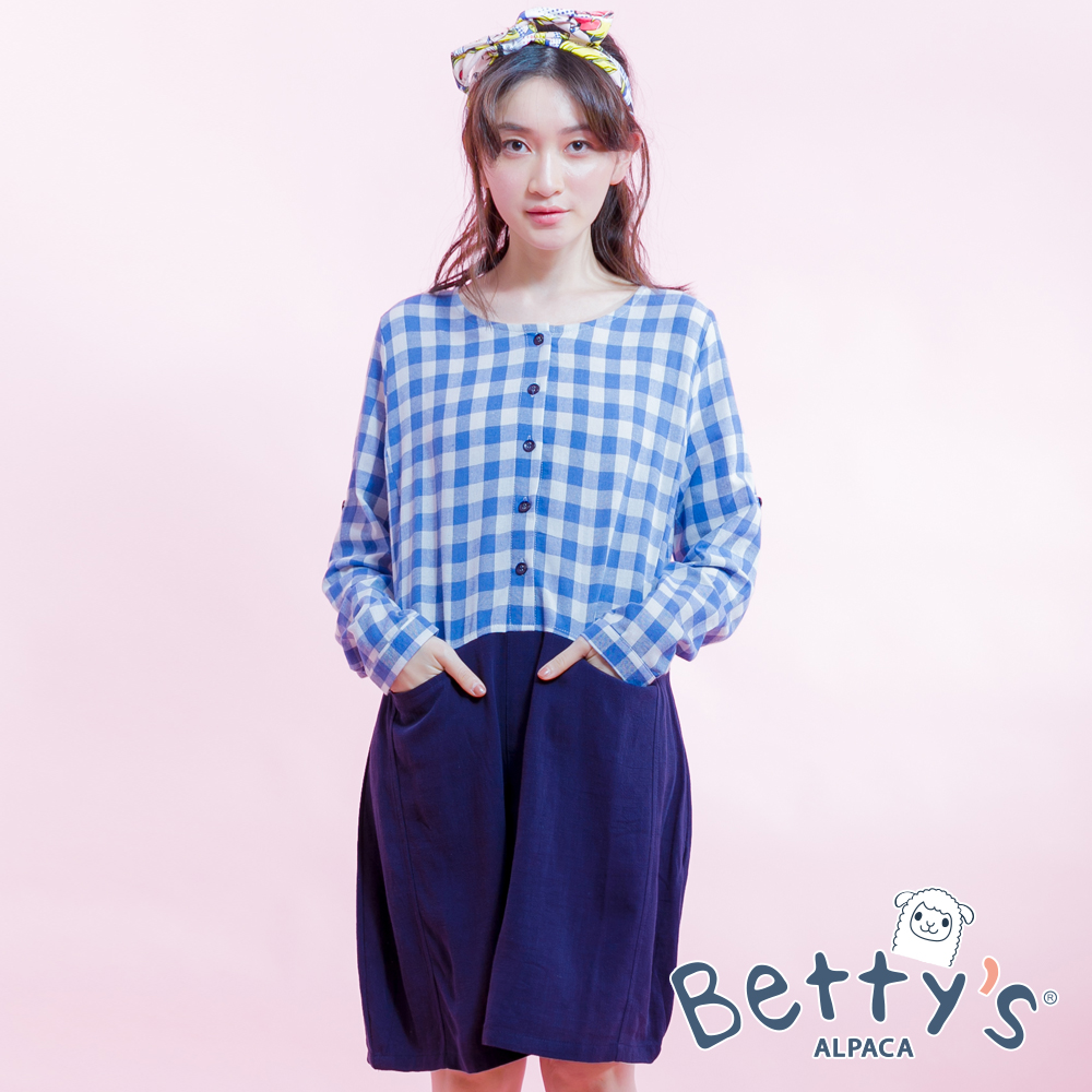 betty’s貝蒂思　格紋拼接棉麻長袖洋裝(格紋淺藍)