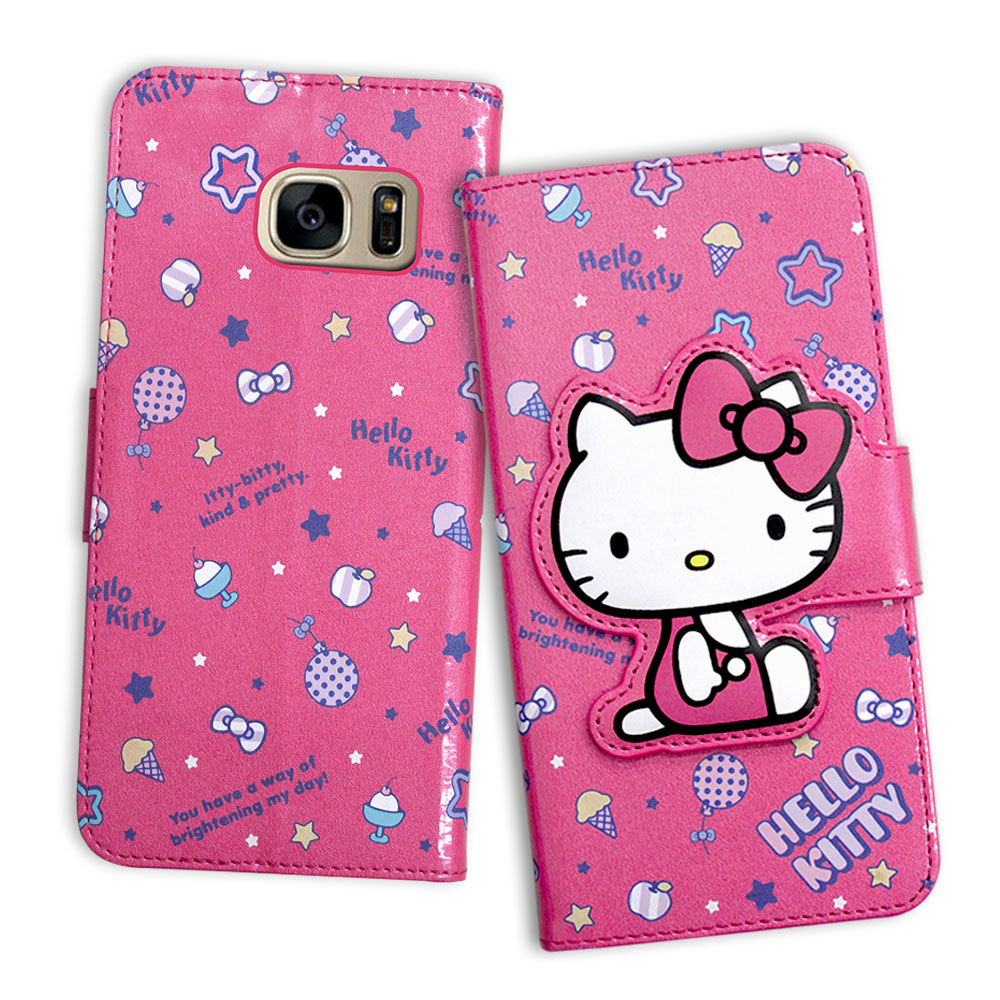 Hello Kitty 三星 Galaxy S7 edge 閃粉絲紋皮套(甜點桃)