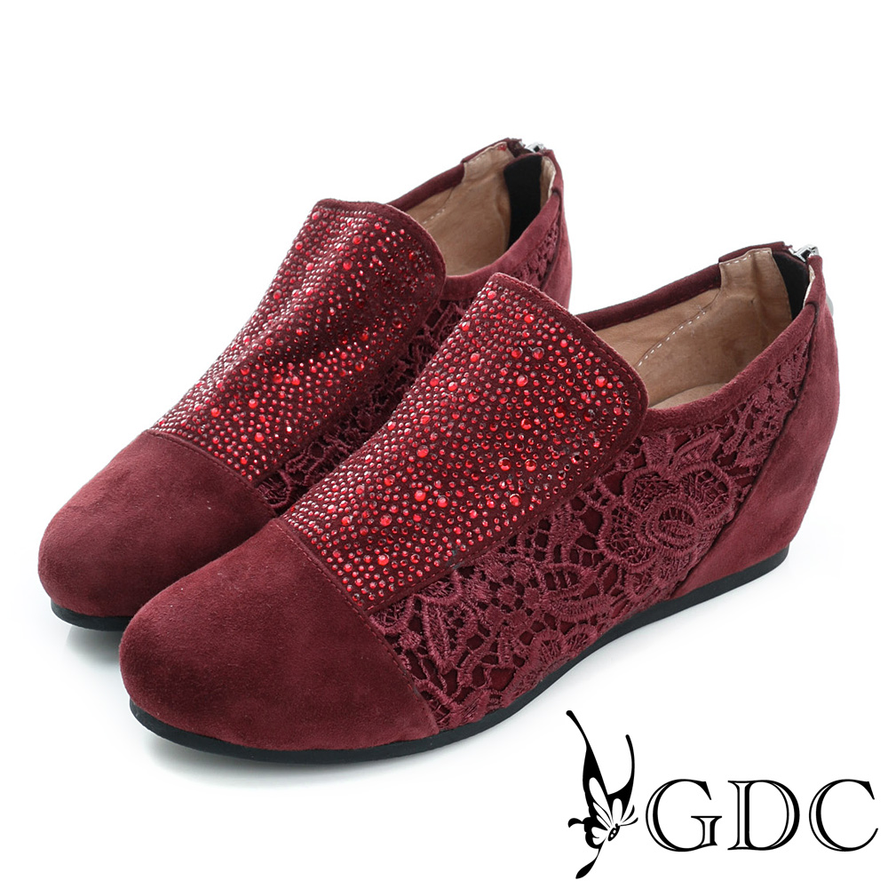 GDC-麂皮水鑽蕾絲拼接拉鍊內增高休閒懶人鞋-紅色