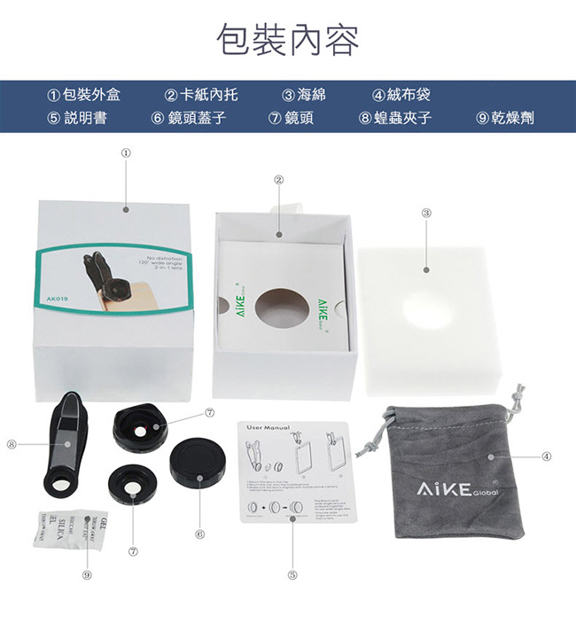 AIKE 美型新設計 4K HD廣角+微距 二合一鏡頭 無暗角 近乎無畸變 鋁合金外殼