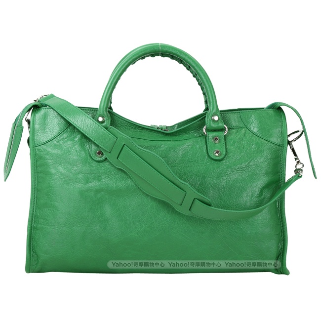 BALENCIAGA SILVER City 小羊皮銀釦機車包(草綠色)