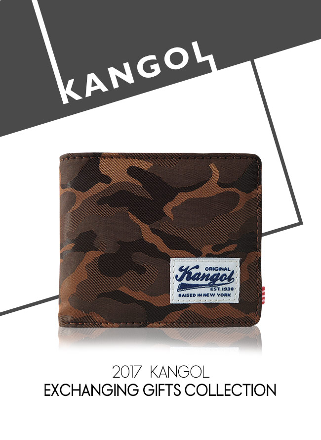 KANGOL 韓式潮流 多夾層橫式短皮夾+鑰匙圈禮盒-迷彩棕