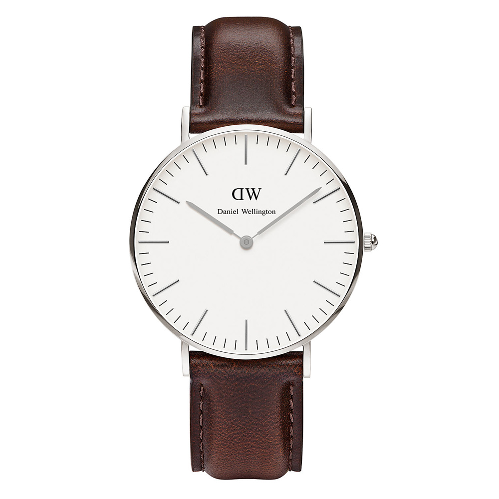 DW Daniel Wellington 咖啡色皮革錶帶 銀色錶框/36mm