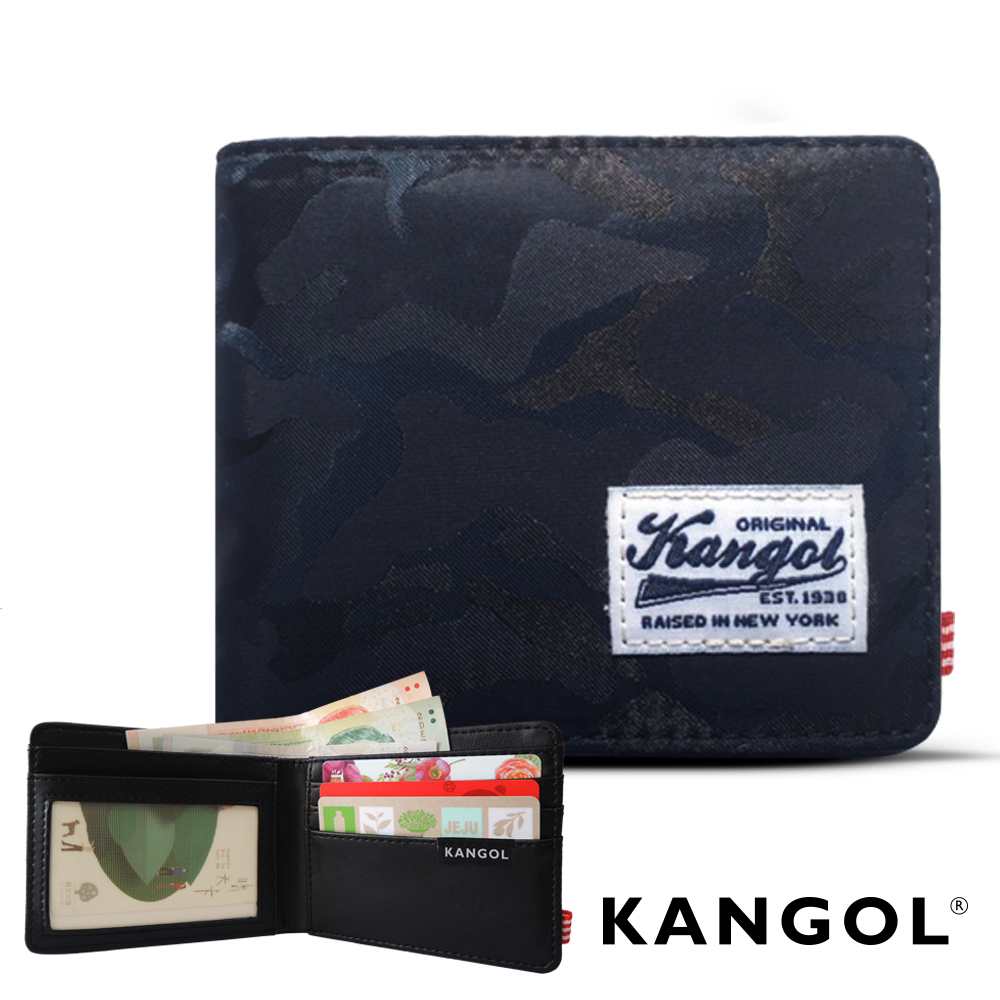 福利品 KANGOL 韓式潮流 多夾層橫式短皮夾+鑰匙圈禮盒-迷彩藍