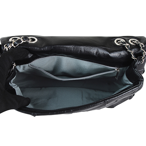 CHANEL 經典軟皮革拼接造型牛皮轉扣式銀鏈肩/側背包(黑)