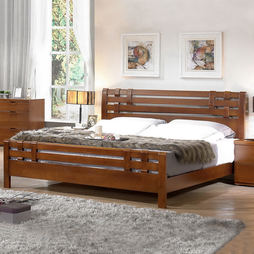 時尚屋 卡地夫5尺實木樟木色雙人床(只含床頭-床架-不含床墊、床頭櫃)