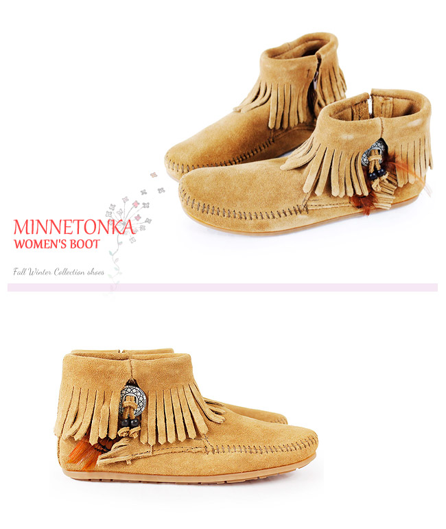 MINNETONKA 棕色麂皮羽毛流蘇莫卡辛 女短靴 (展示品)