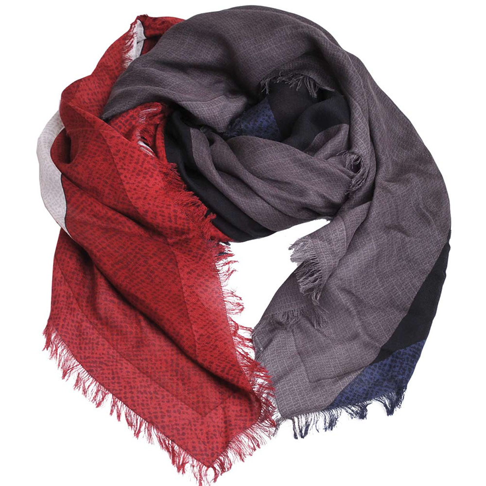 FENDI 經典怪獸圖騰羊毛混搭絲質造型絲巾披肩(紅/灰/藍)
