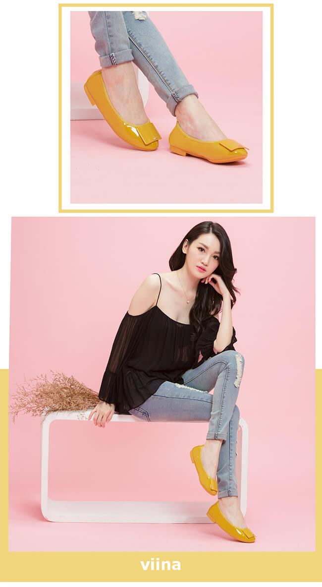viina大尺碼經典款方塊鏡面摺疊鞋MIT-黃色