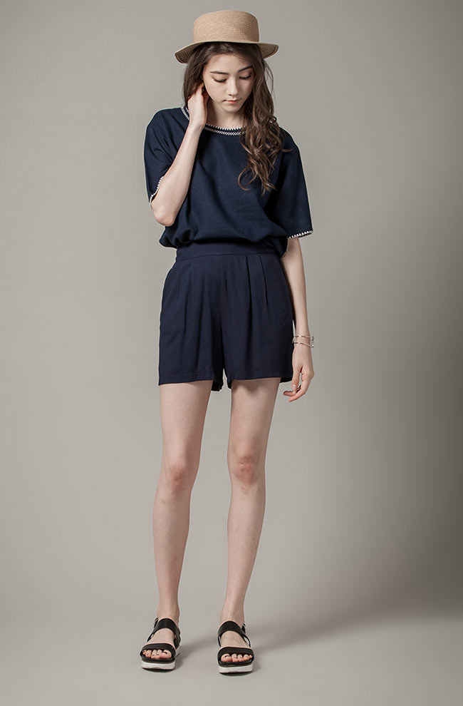 H:CONNECT 韓國品牌 女裝-雙色混紗細摺短褲-藍(快)