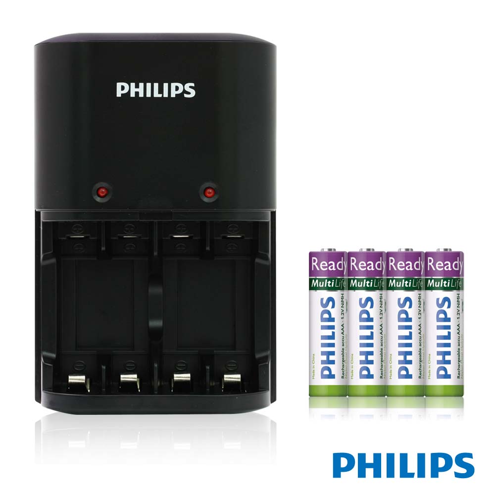 PHILIPS 經濟型鎳氫電池充電器(黑/白) + 4號4入低自放電池