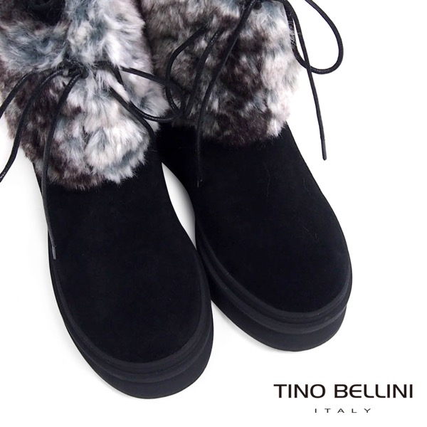 Tino Bellini 愛斯基摩混色兔毛厚底綁帶雪靴_黑