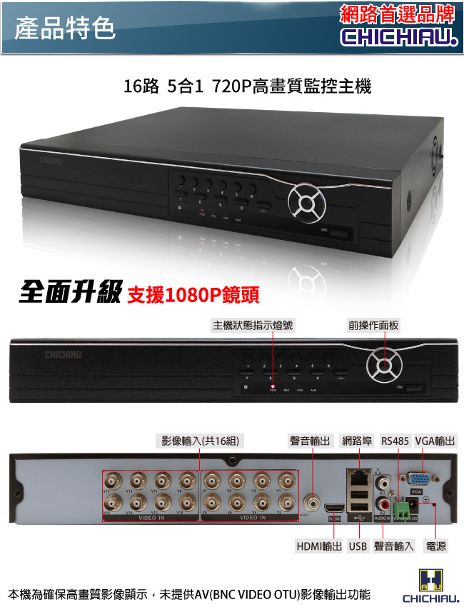 奇巧 16路2聲 五合一 AHD TVI CVI 支援1080P雙硬碟款數位監控錄影主機