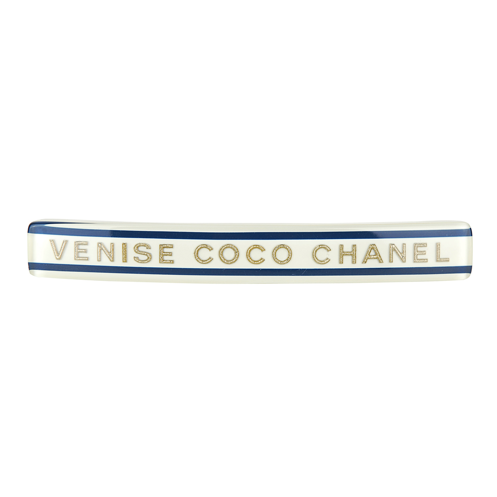 CHANEL 經典COCO 字母LOGO高級樹脂壓克力釦式金屬長髮夾(象牙白)