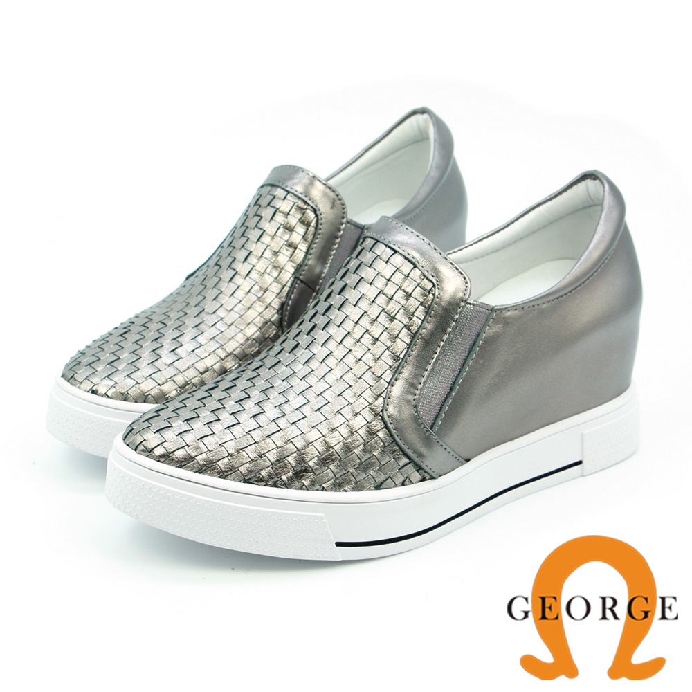 GEORGE 喬治-內增高系列 手工編織質感側鬆緊帶內增高鞋-銀灰色