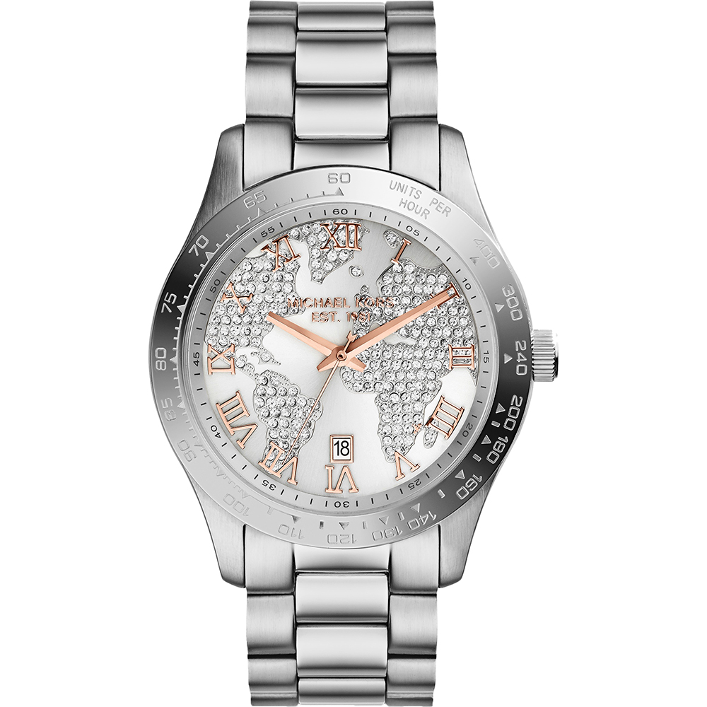 Michael Kors 晶鑽世界地圖時尚腕錶-銀白
